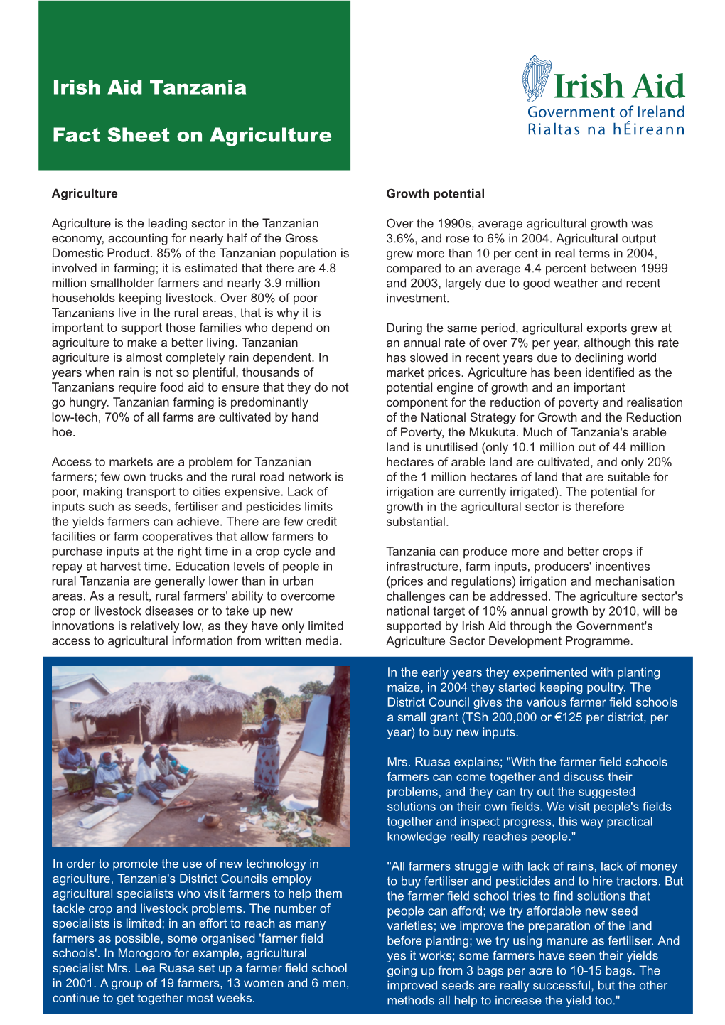 Irish Aid Tanzania Fact Sheet on Agriculture