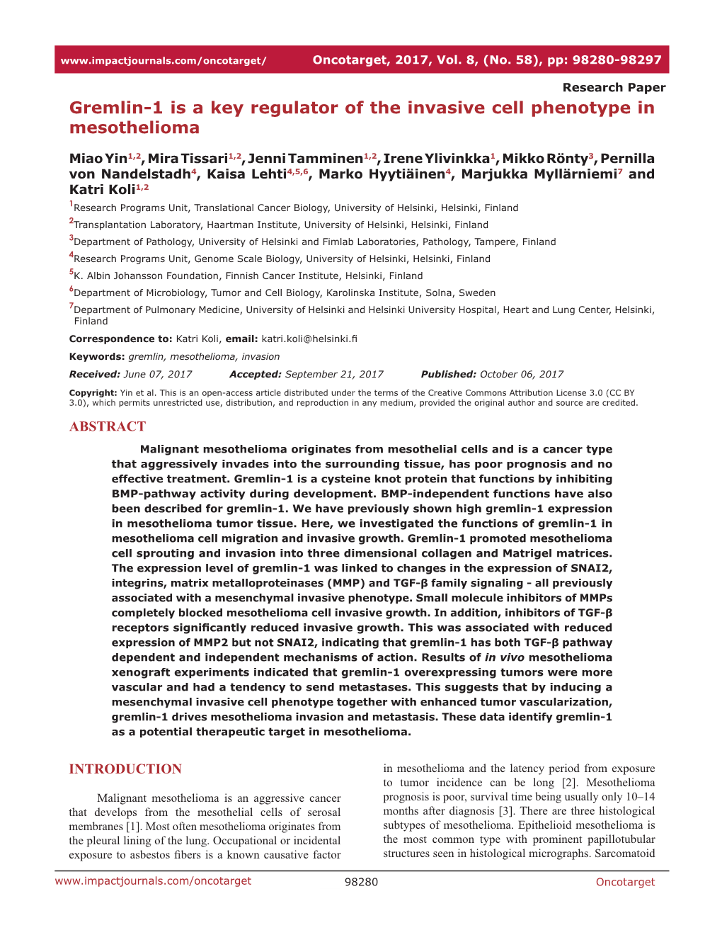 Gremlin-1 Is a Key Regulator of the Invasive Cell Phenotype in Mesothelioma