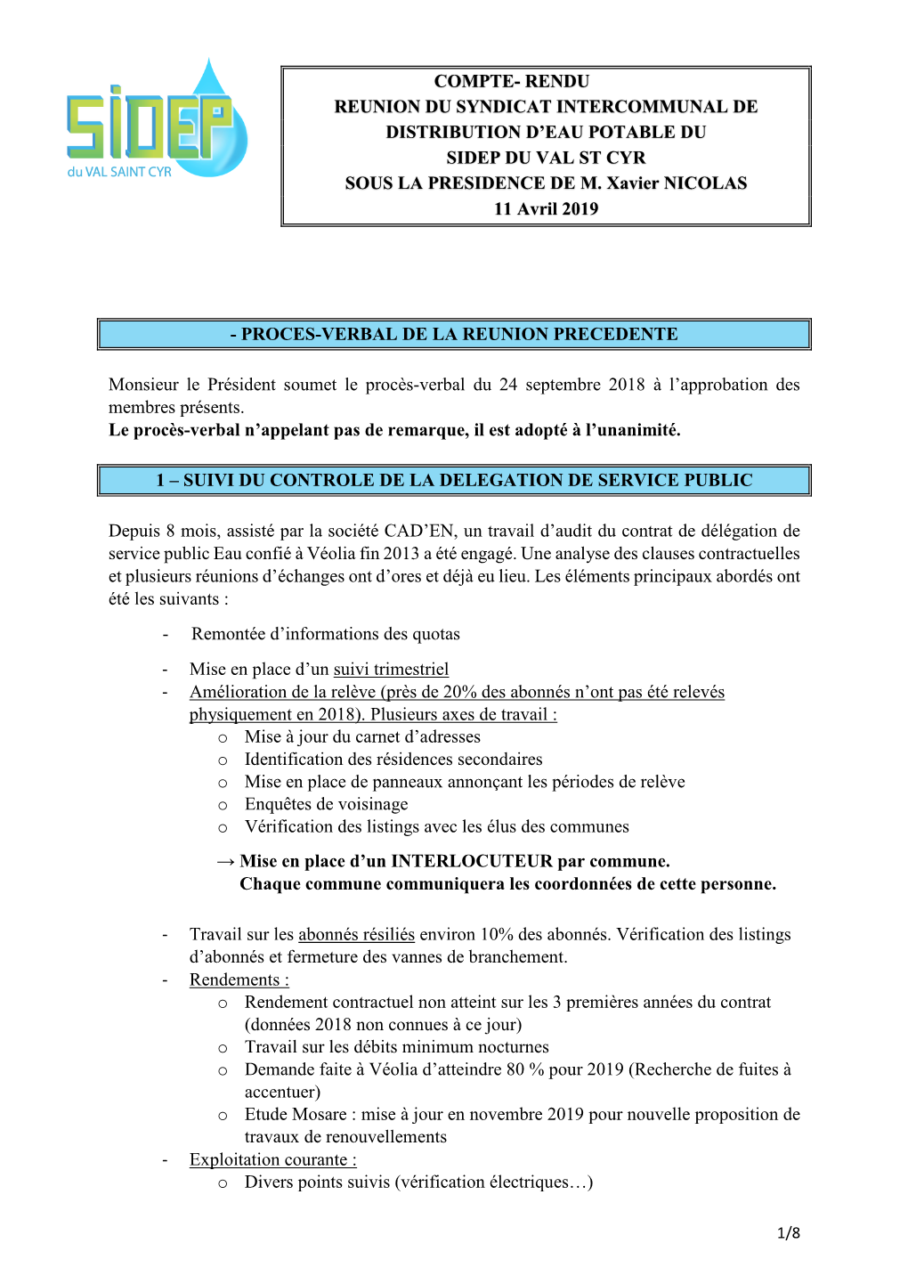 Compte- Rendu Reunion Du Syndicat Intercommunal De Distribution D'eau Potable Du Sidep Du Val St Cyr Sous La Presidence De M