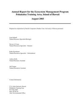 Annual Report for the Ecosystem Management Program Pohakuloa Training Area, Island of Hawaii August 2003