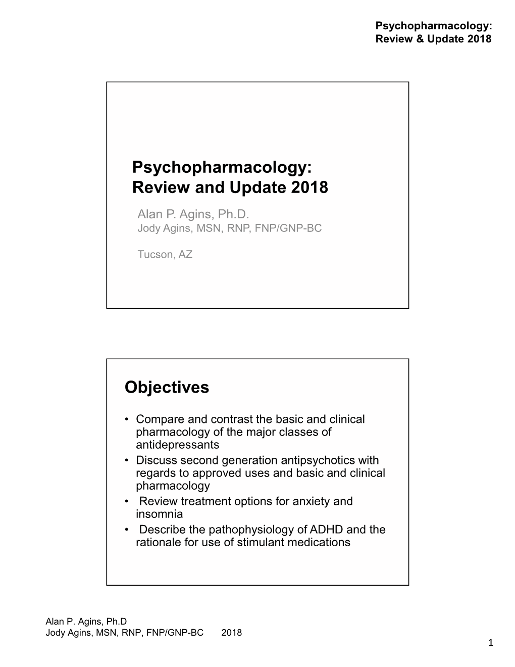 Psychopharmacology: Review and Update 2018 Objectives