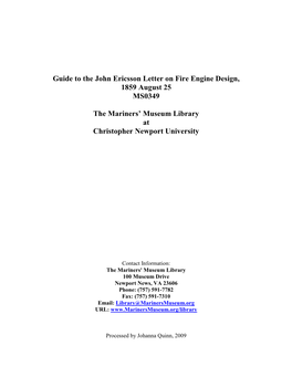 John Ericsson Letter on Engine Design