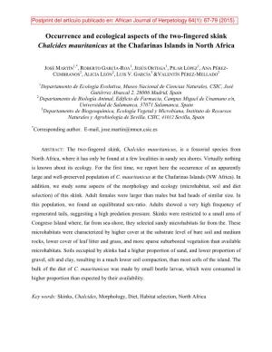 Occurrence and Ecological Aspects of the Two-Fingered Skink Chalcides Mauritanicus at the Chafarinas Islands in North Africa