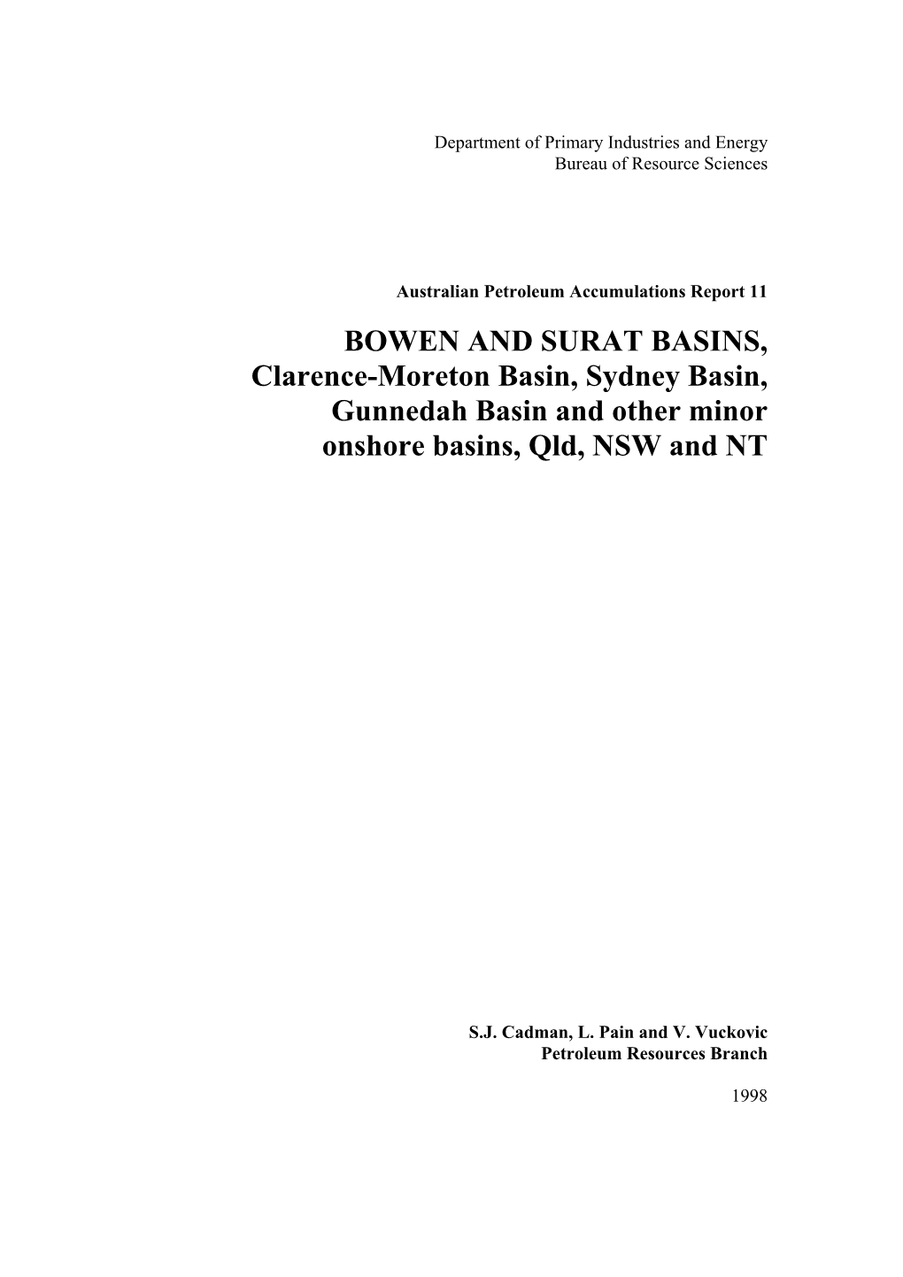 BOWEN and SURAT BASINS, Clarence-Moreton Basin, Sydney Basin, Gunnedah Basin and Other Minor Onshore Basins, Qld, NSW and NT