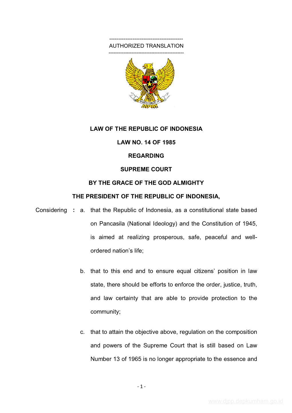 Law of the Republic of Indonesia Law No. 14 of 1985