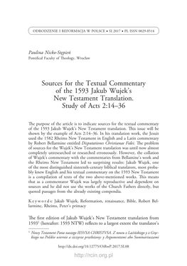 Sources for the Textual Commentary of the 1593 Jakub Wujek's New