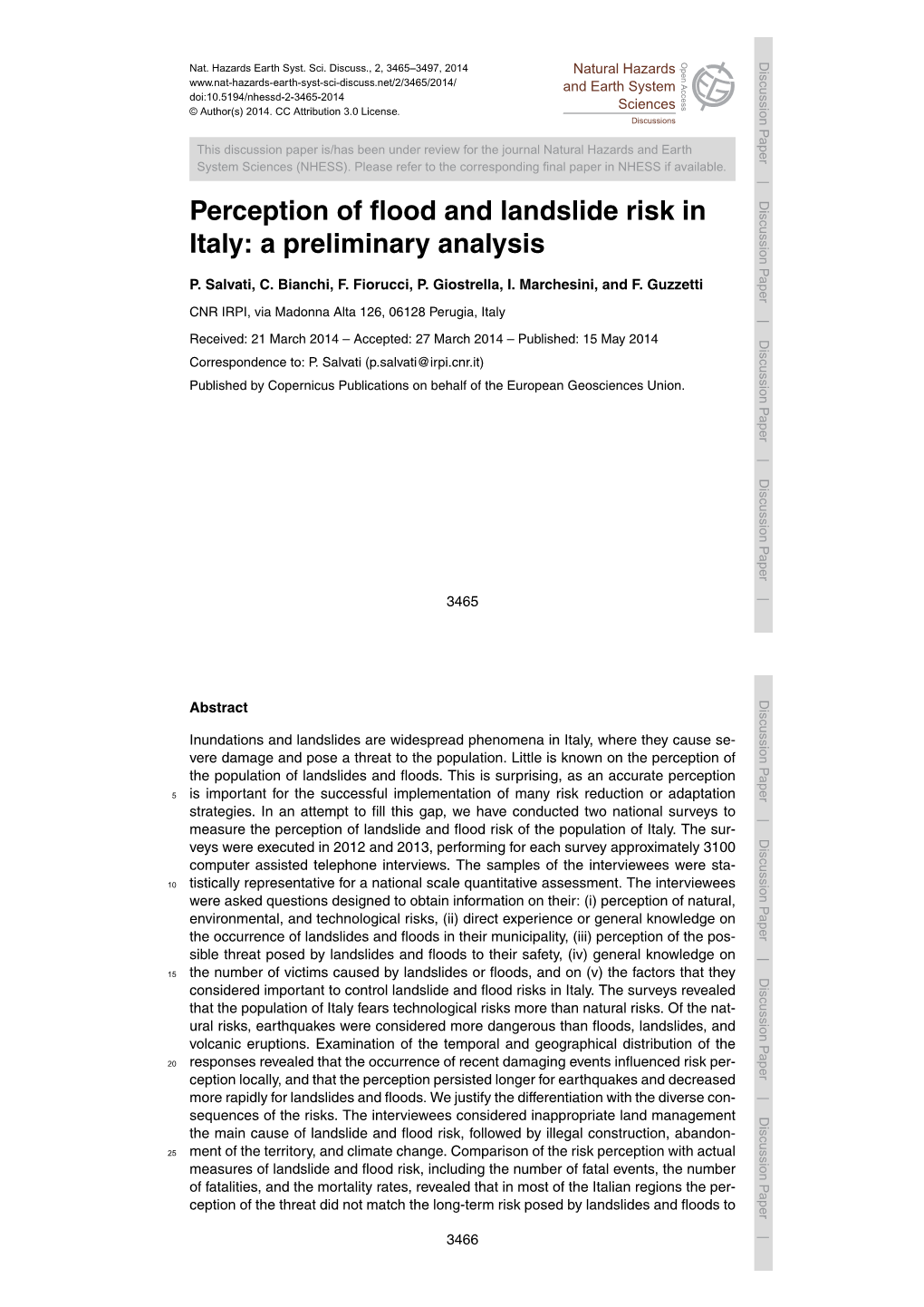 Perception of Flood and Landslide Risk in Italy: a Preliminary Analysis