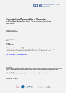 Corporate Social Responsibility in Afghanistan a Critical Case Study of the Mobile Telecommunications Industry Azizi, Sameer