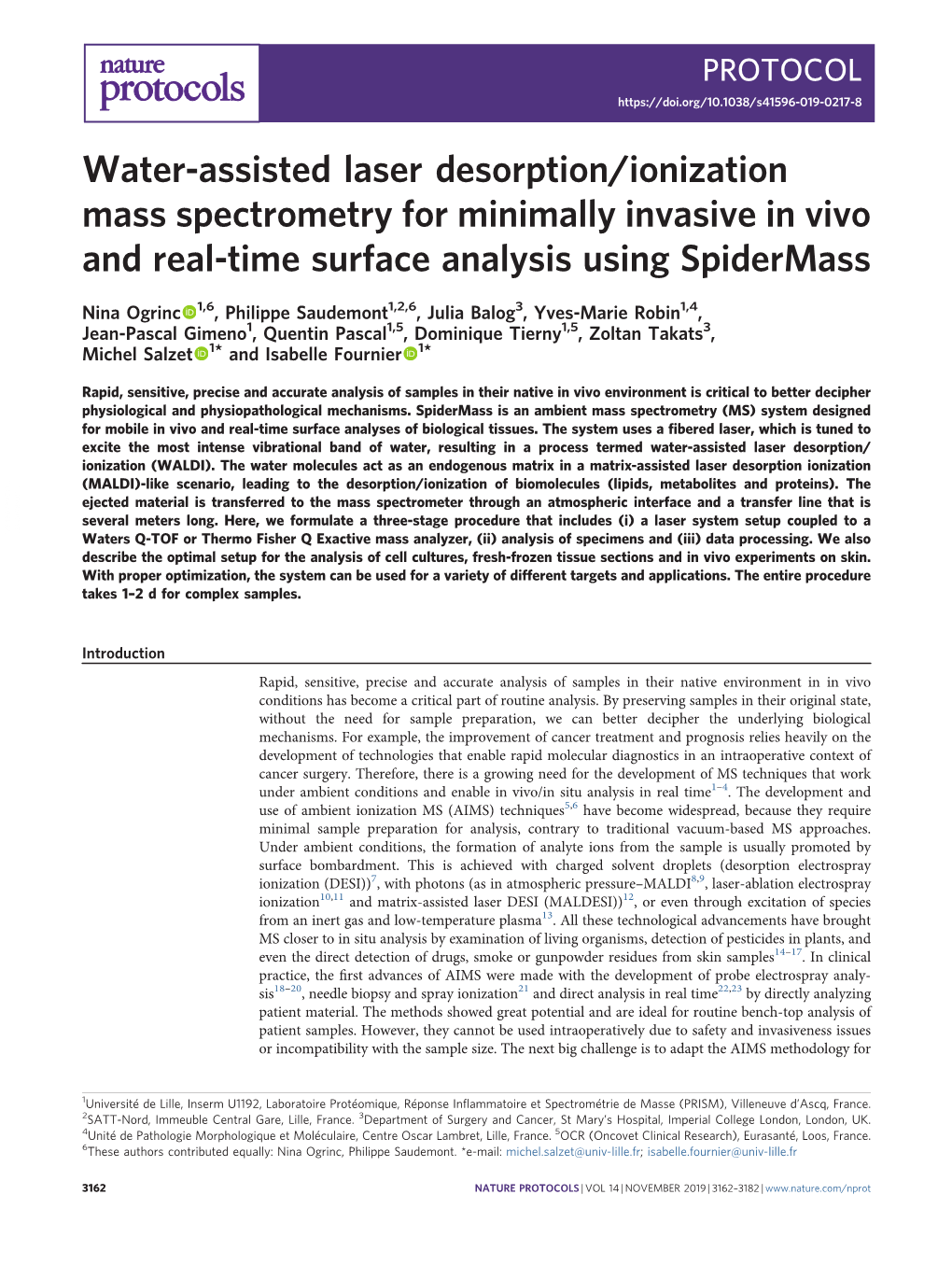 Water-Assisted Laser Desorption/Ionization Mass Spectrometry for Minimally Invasive in Vivo and Real-Time Surface Analysis Using Spidermass