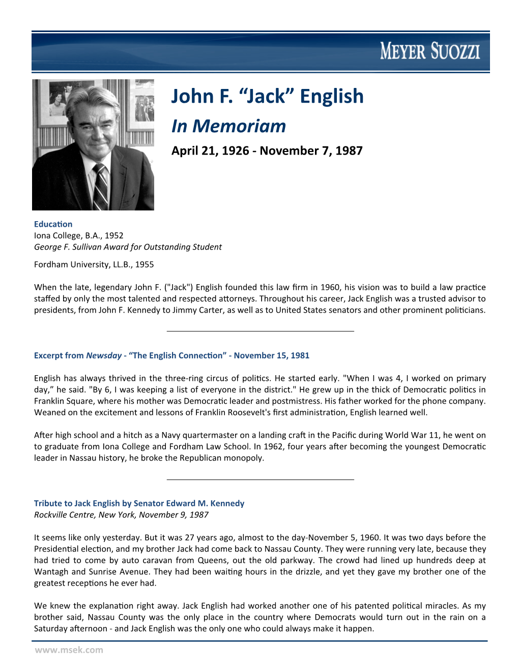 John F. “Jack” English in Memoriam April 21, 1926 - November 7, 1987