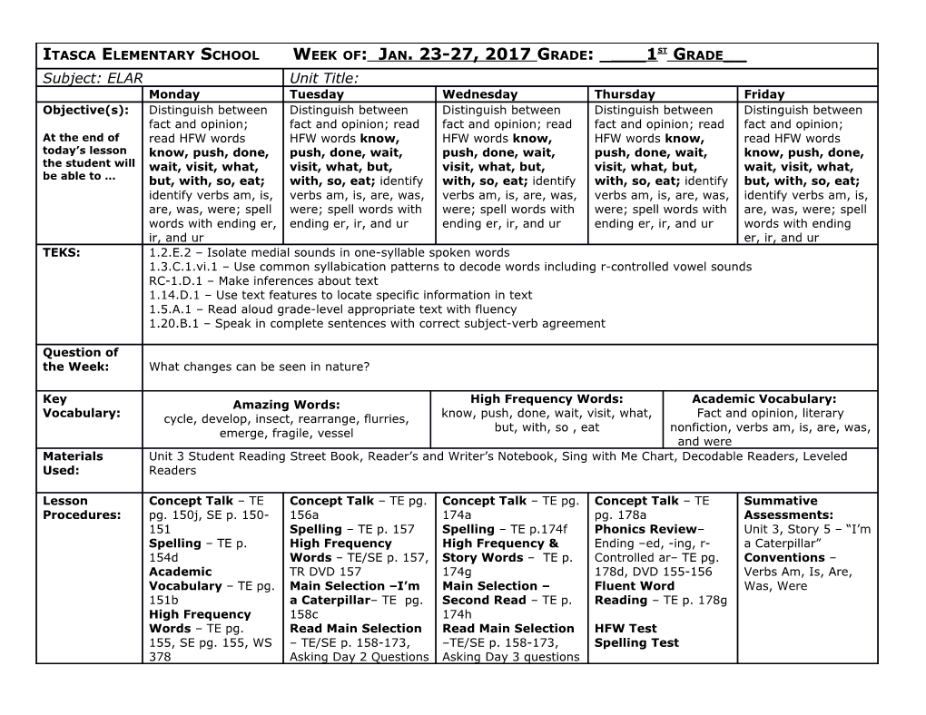 Itasca Elementary School Week Of: January 23-27 Grade: ____1St Grade____