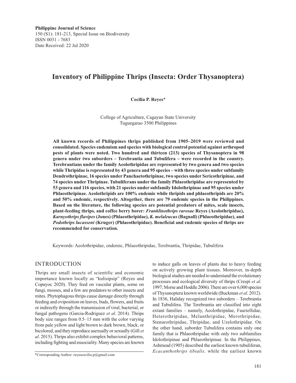 Inventory of Philippine Thrips (Insecta: Order Thysanoptera)