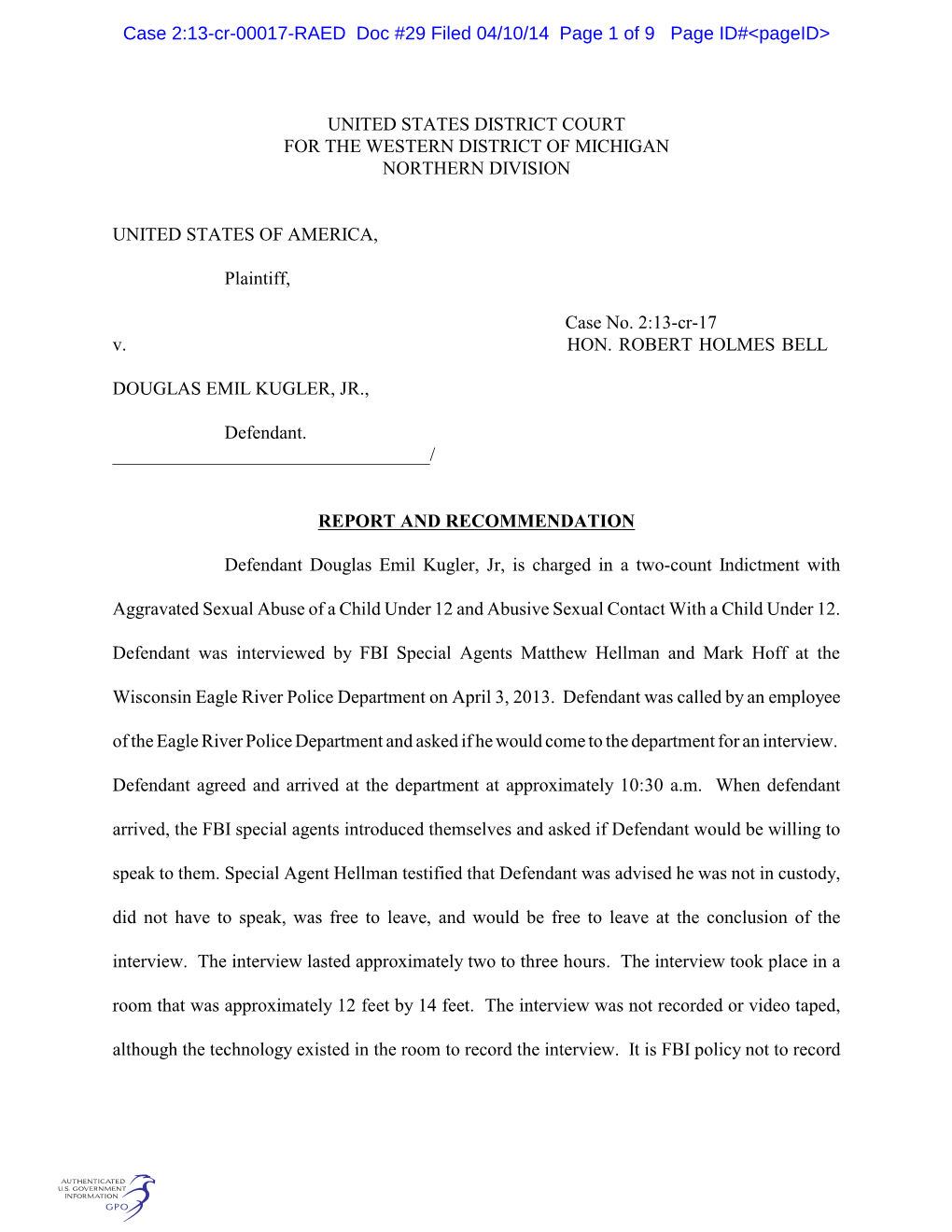 Case 2:13-Cr-00017-RAED Doc #29 Filed 04/10/14 Page 1 of 9 Page ID