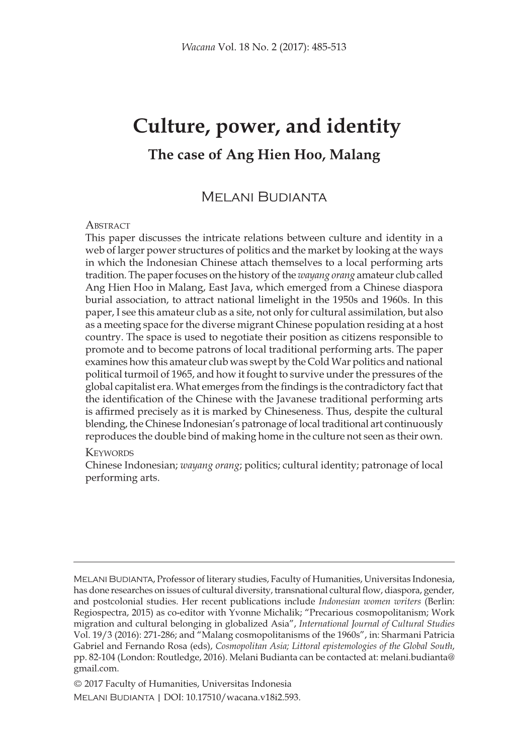 Culture, Power, and Identity the Case of Ang Hien Hoo, Malang