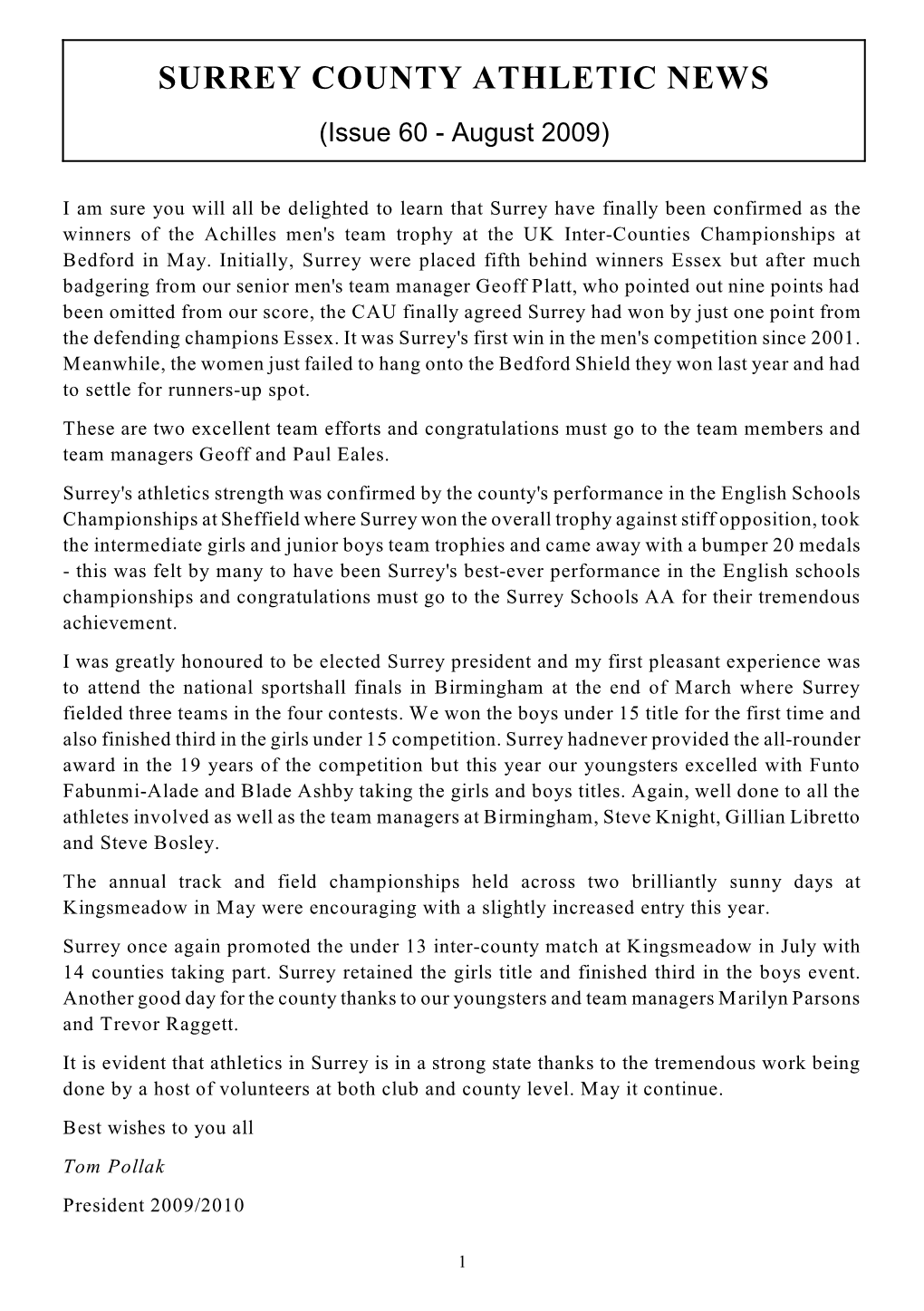 SURREY COUNTY ATHLETIC NEWS (Issue 60 - August 2009)