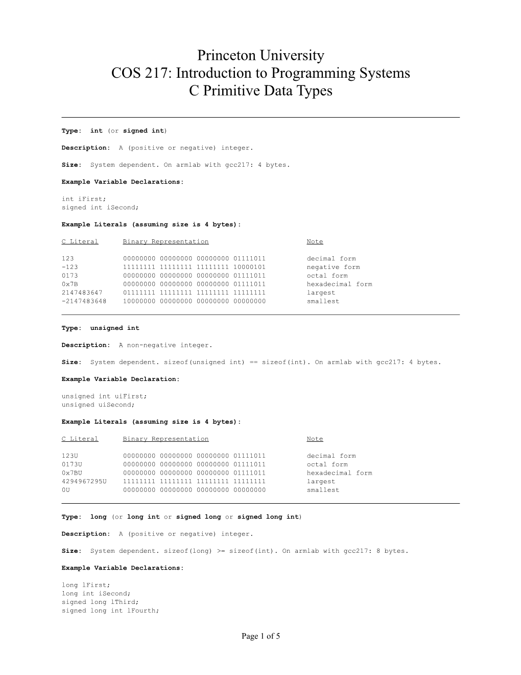 Princeton University COS 217: Introduction to Programming Systems C Primitive Data Types