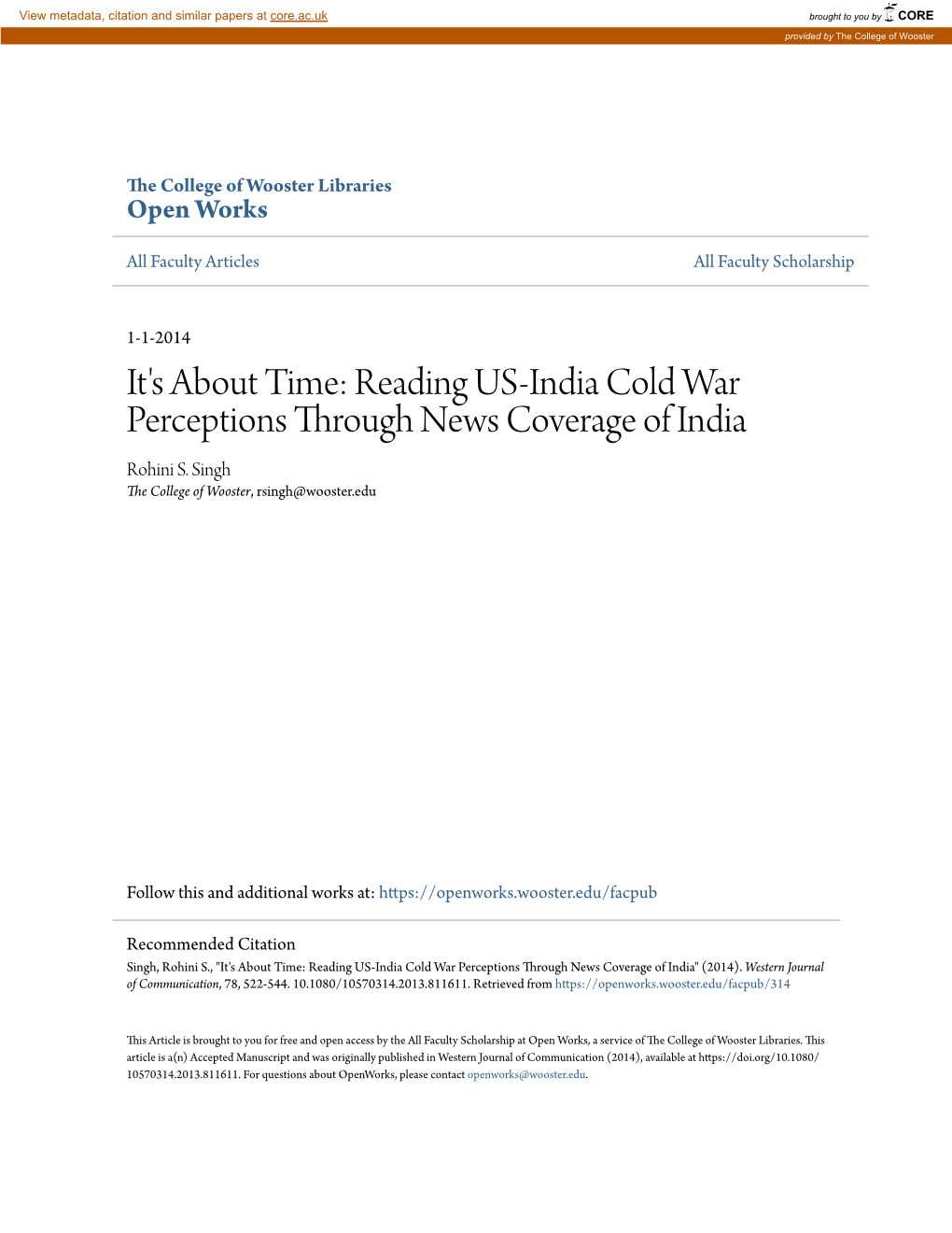 Reading US-India Cold War Perceptions Through News Coverage of India Rohini S