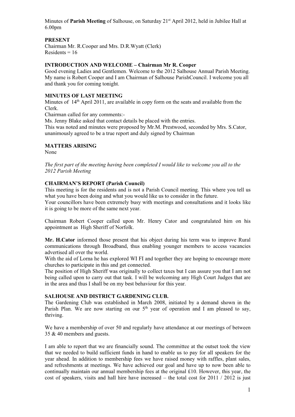 Minutes of Parish Meeting of Salhouse, on Saturday 14Th May 2011