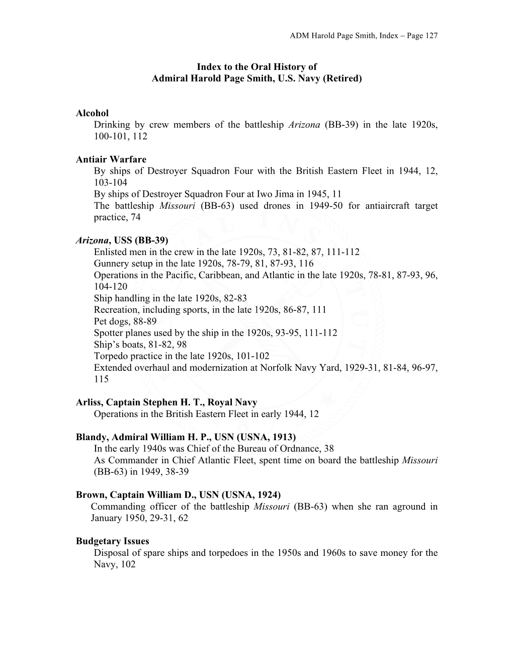 Index to the Oral History of Admiral Harold Page Smith, U.S. Navy (Retired)