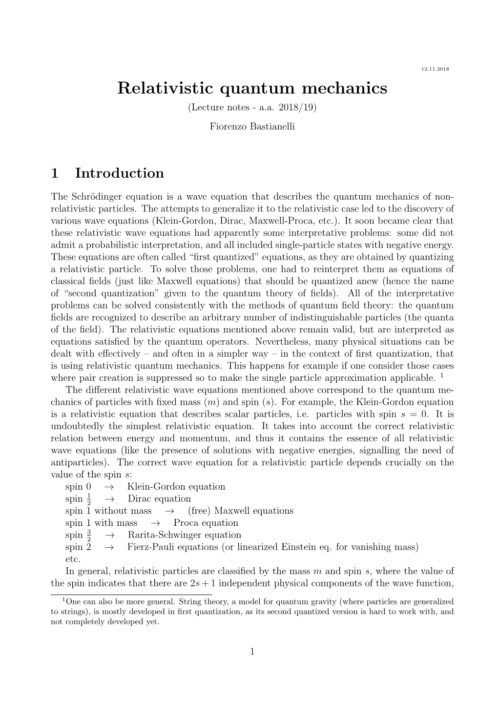 Relativistic Quantum Mechanics (Lecture Notes - A.A