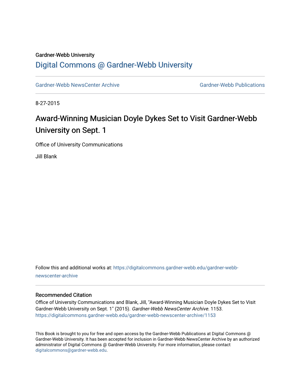 Award-Winning Musician Doyle Dykes Set to Visit Gardner-Webb University on Sept