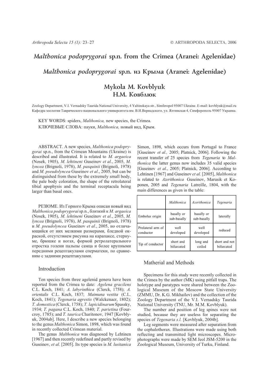 Malthonica Podoprygorai Sp.N. from the Crimea (Aranei: Agelenidae)