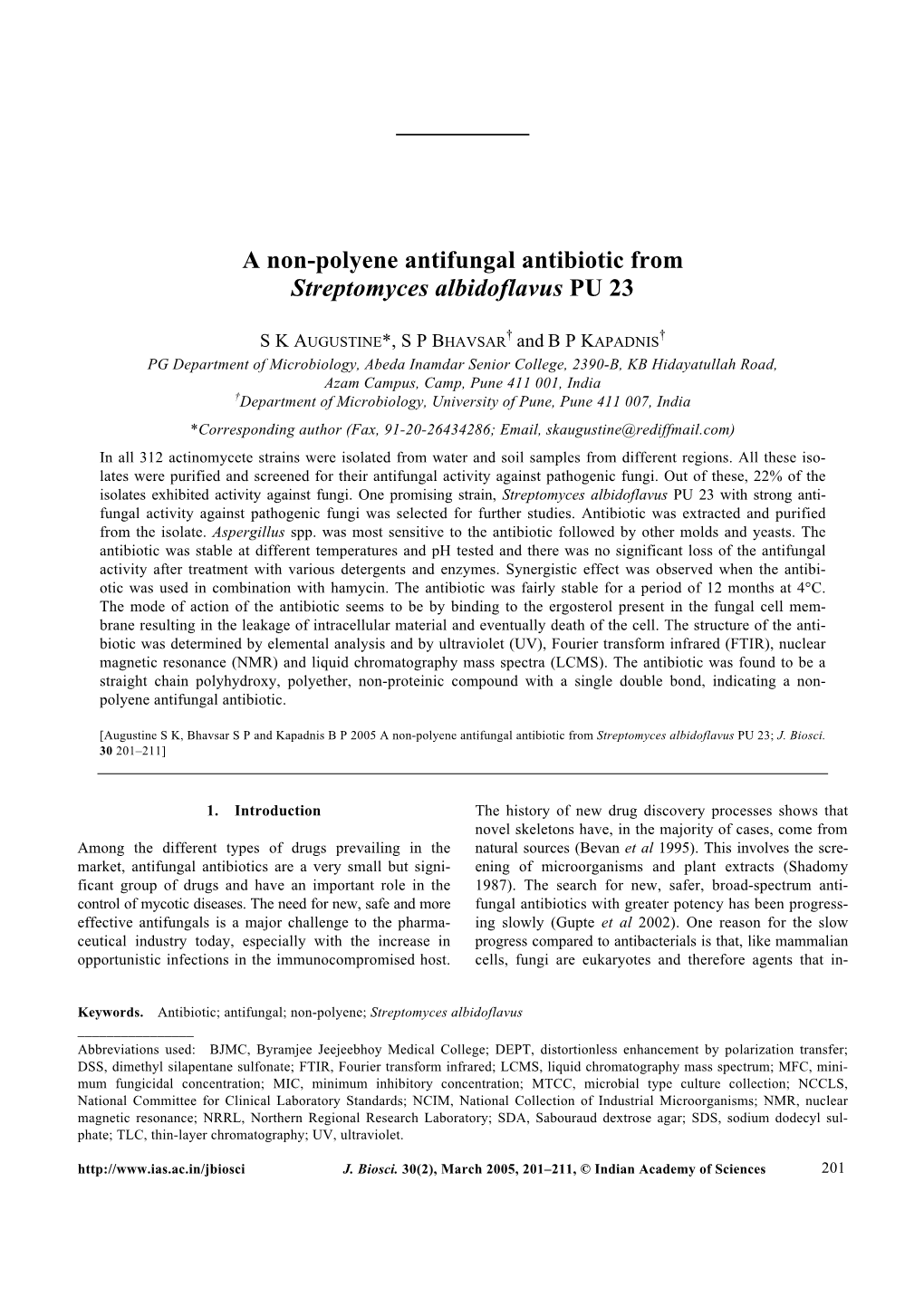 A Non-Polyene Antifungal Antibiotic from Streptomyces Albidoflavus PU 23