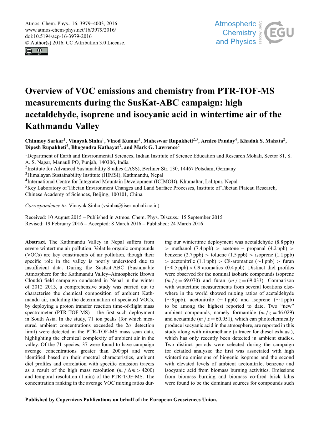 Overview of VOC Emissions and Chemistry from PTR-TOF-MS Measurements During the Suskat-ABC Campaign