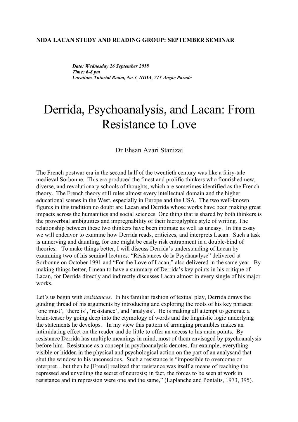 Derrida, Psychoanalysis, and Lacan: from Resistance to Love