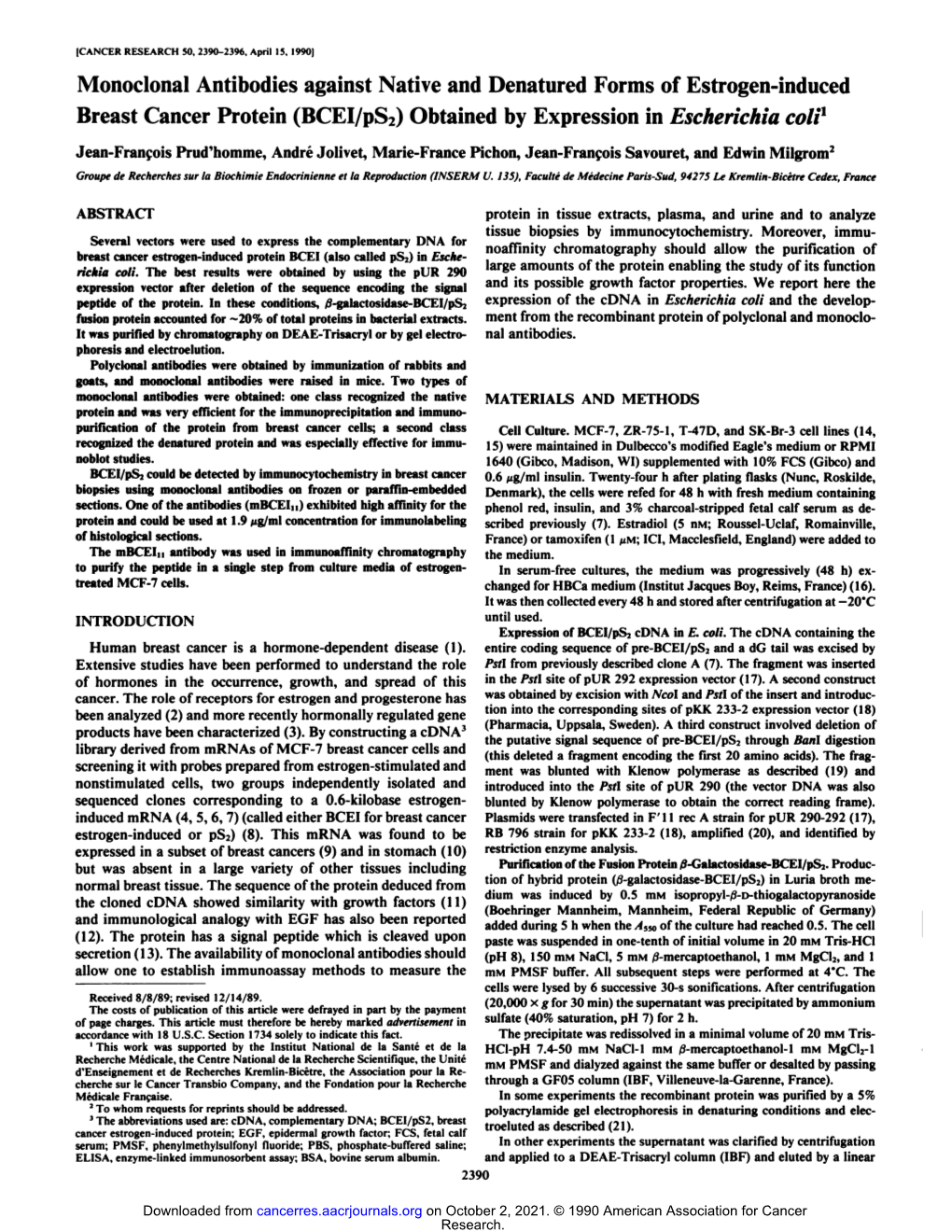 Monoclonal Antibodies Against Native and Denatured Forms of Estrogen-Induced Breast Cancer Protein (BCEI/Ps2) Obtained by Expression in Escherã¬Chã¬Acoli1