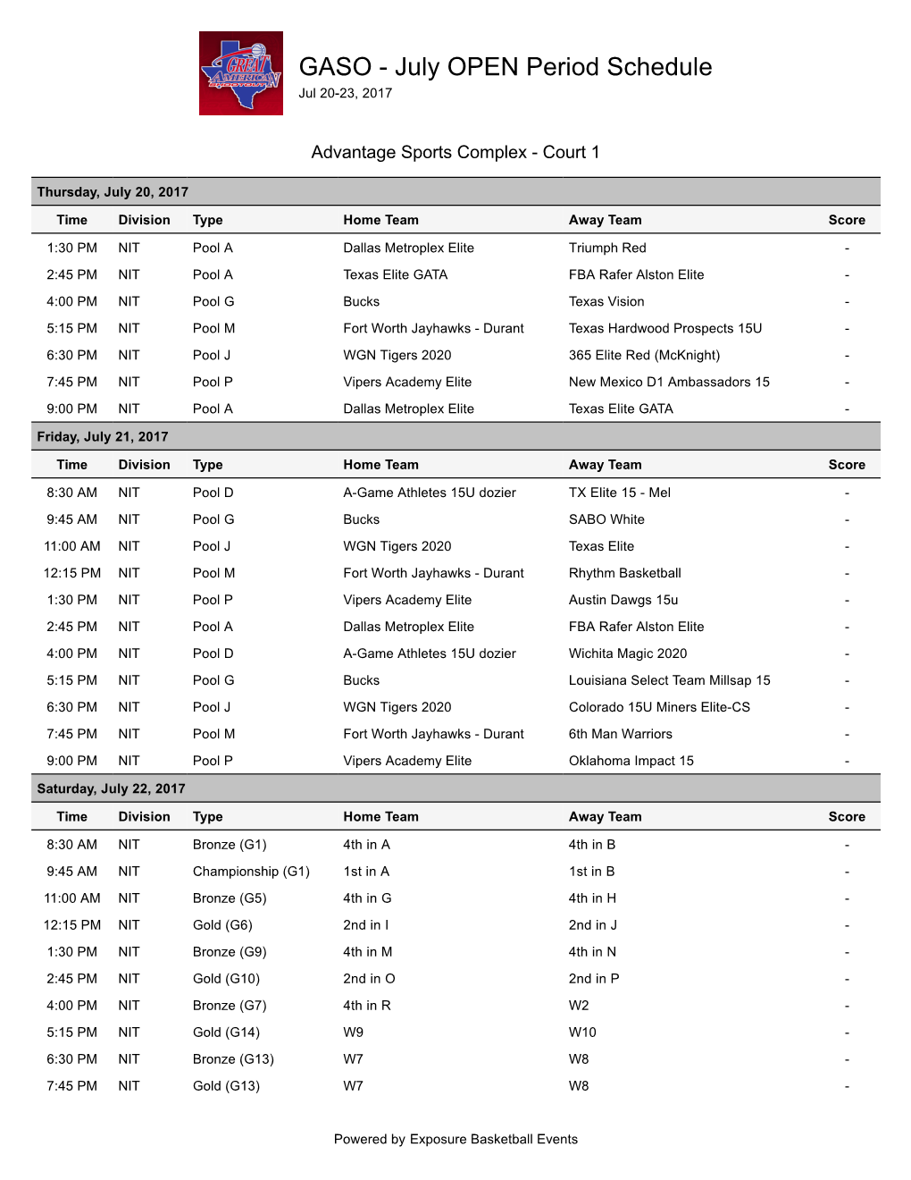 GASO - July OPEN Period Schedule Jul 20-23, 2017