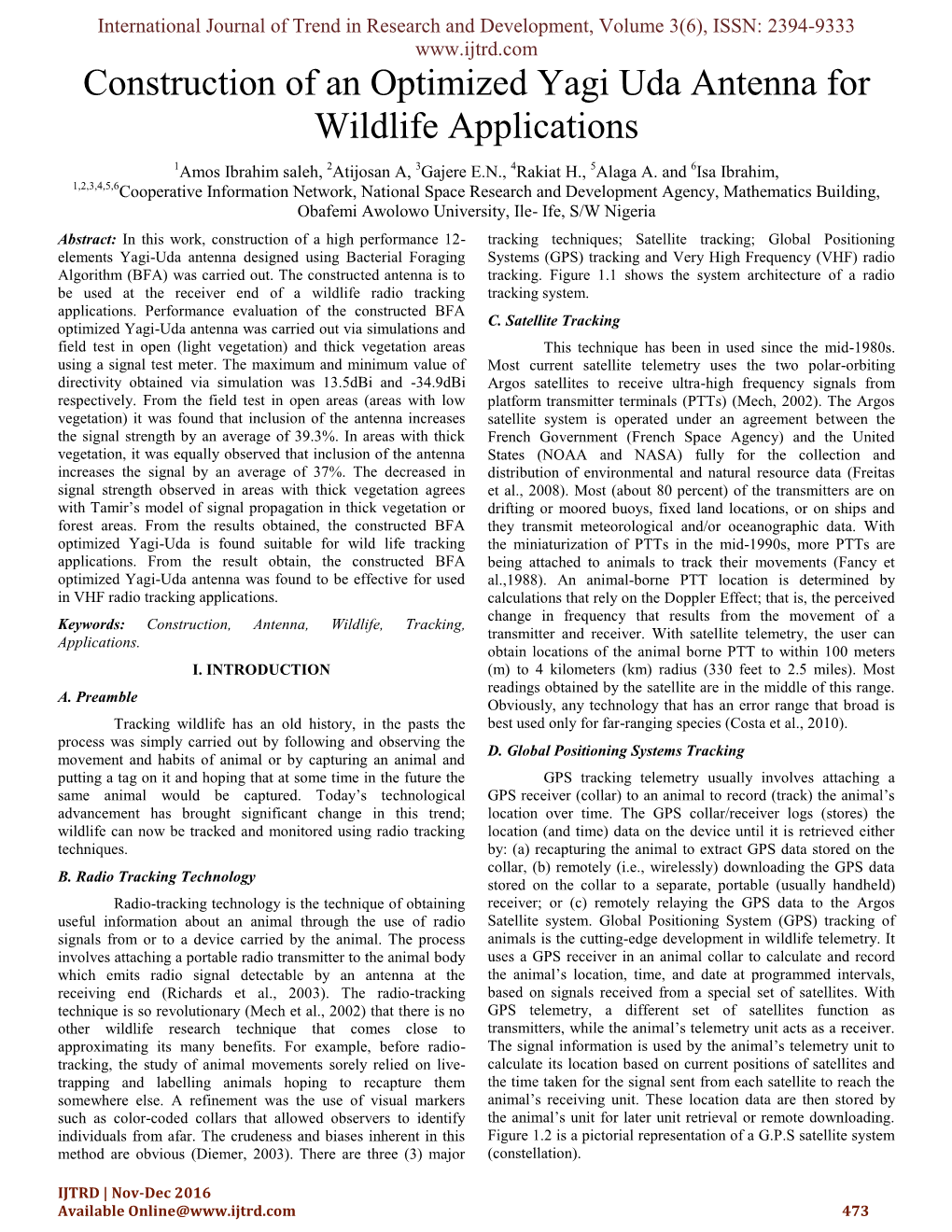 Construction of an Optimized Yagi Uda Antenna for Wildlife Applications