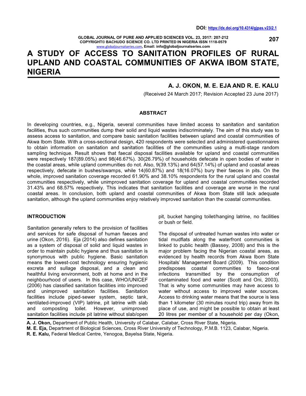 A Study of Access to Sanitation Profiles of Rural Upland and Coastal Communities of Akwa Ibom State, Nigeria