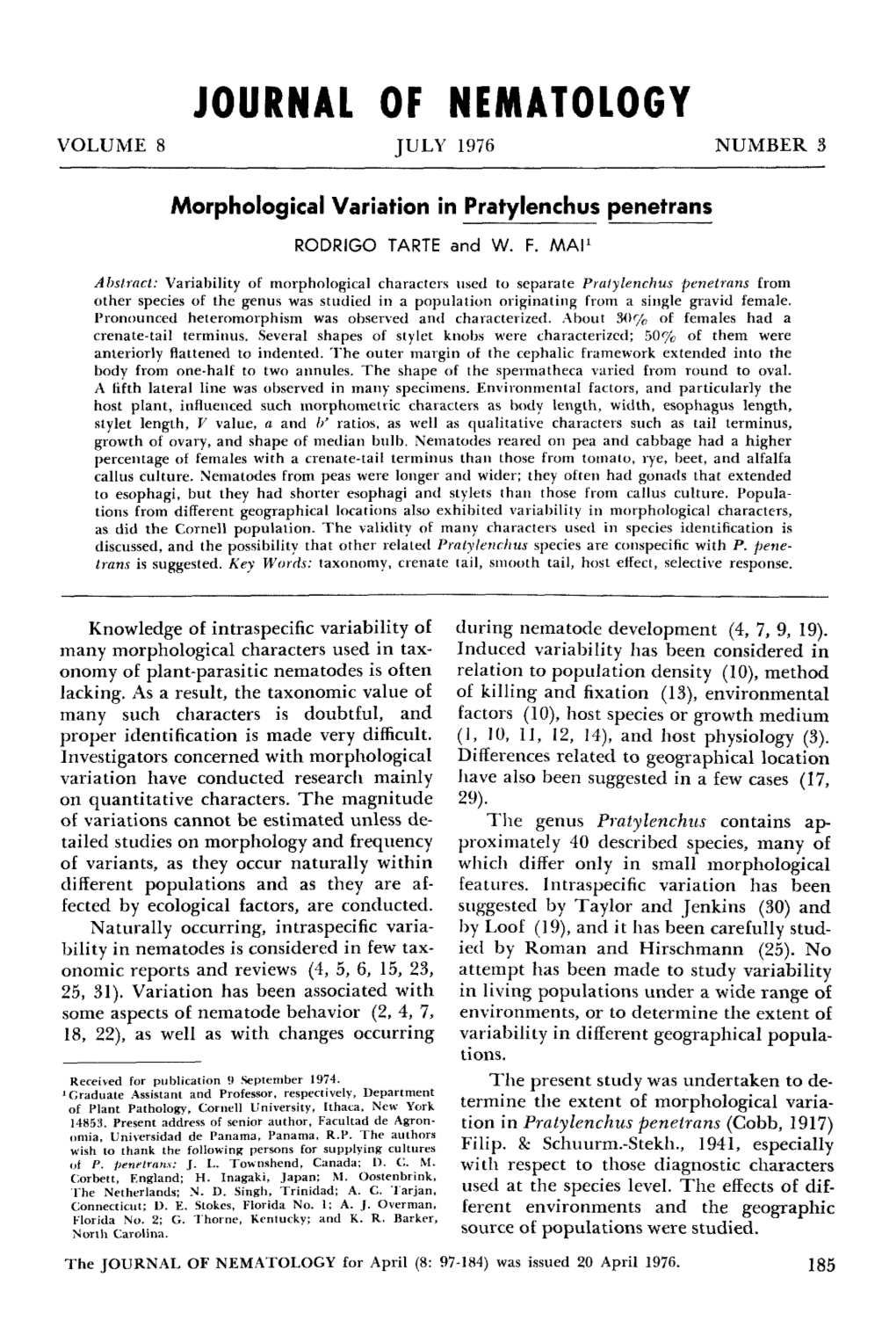 Morphological Variation in Pratylenchus Penetrans