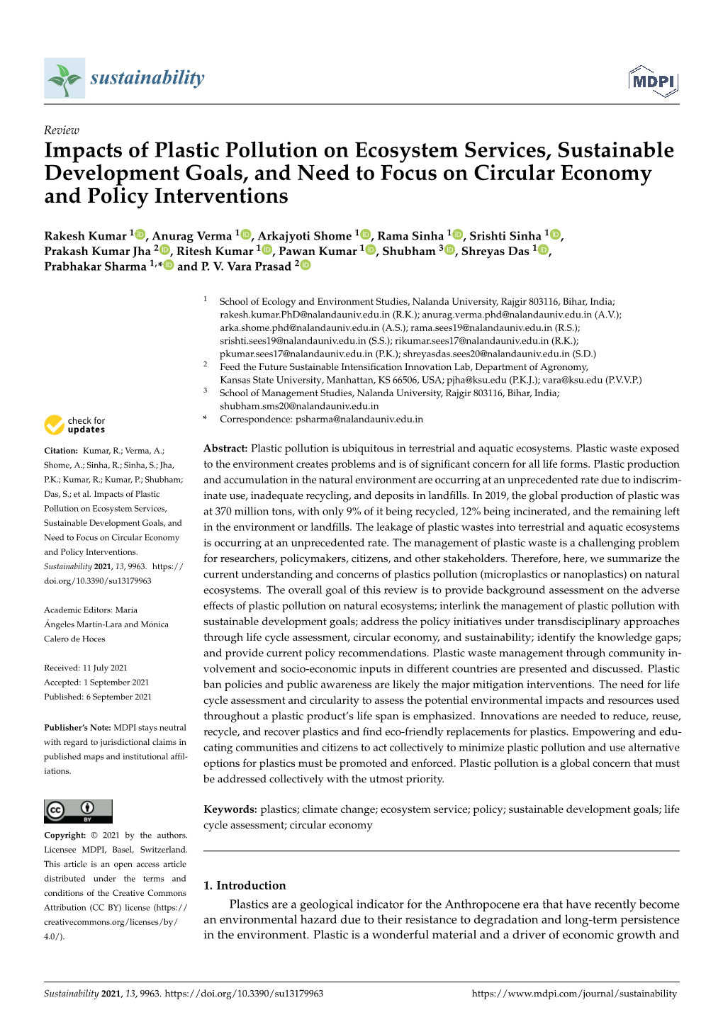 Impacts of Plastic Pollution on Ecosystem Services, Sustainable Development Goals, and Need to Focus on Circular Economy and Policy Interventions