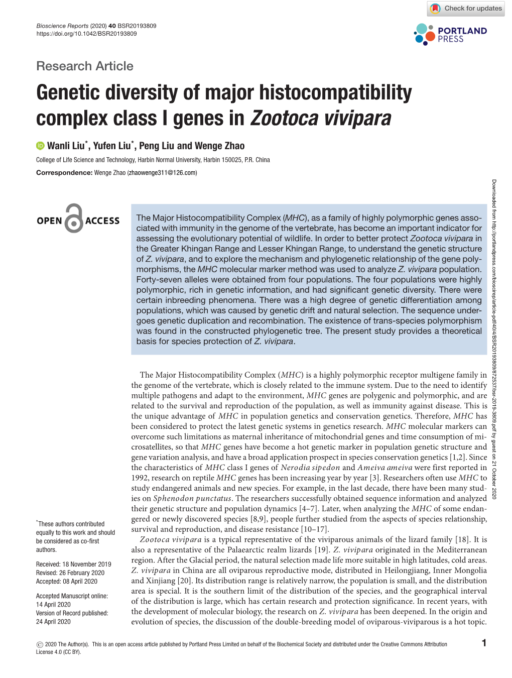 Genetic Diversity of Major Histocompatibility Complex Class I Genes in Zootoca Vivipara