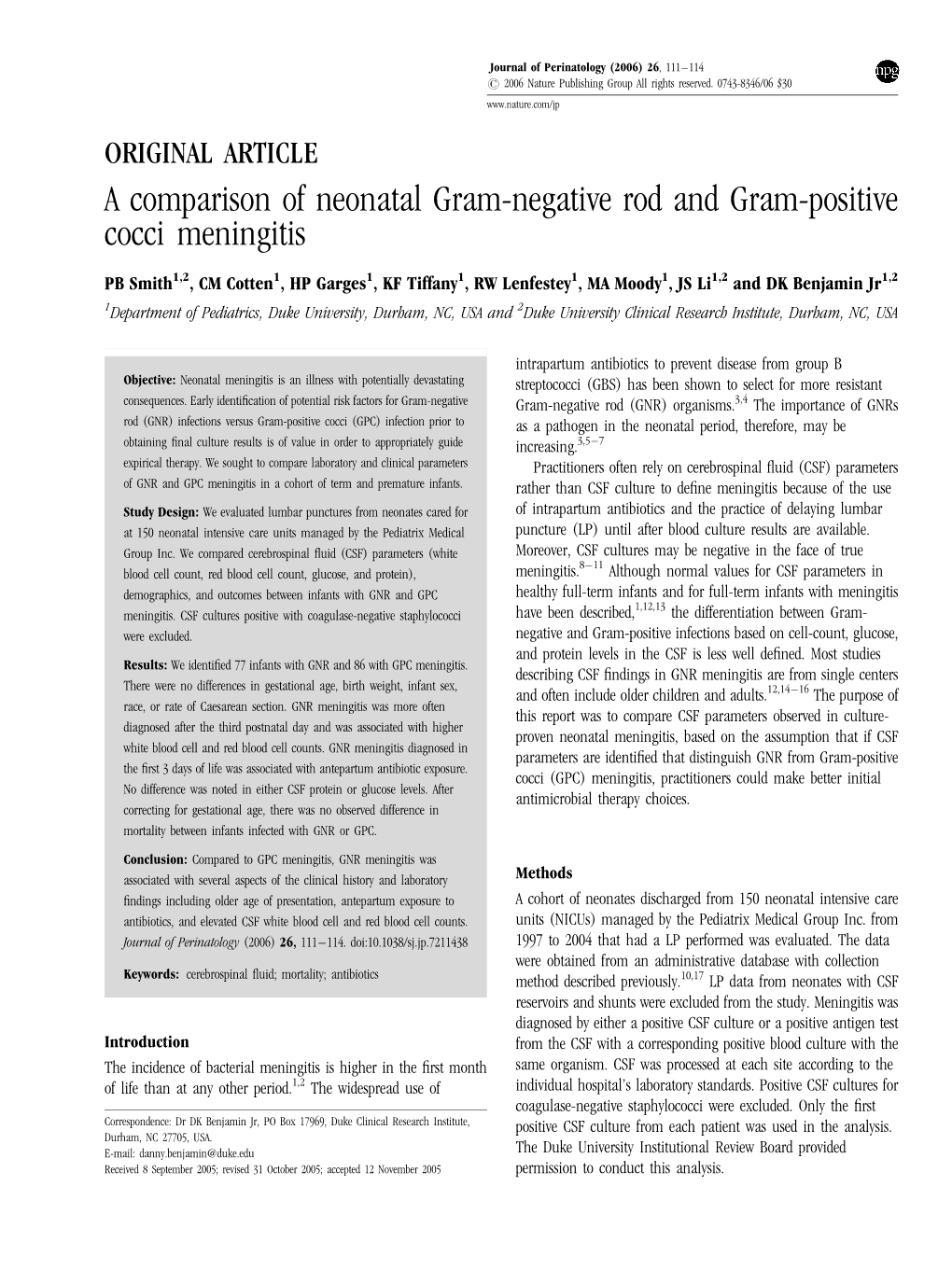 ORIGINAL ARTICLE a Comparison of Neonatal Gram-Negative Rod and Gram-Positive Cocci Meningitis