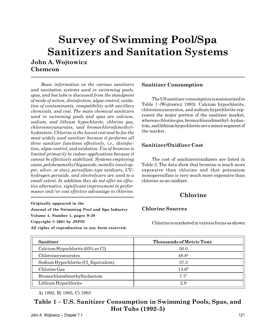 Survey of Swimming Pool/Spa Sanitizers and Sanitation Systems John A