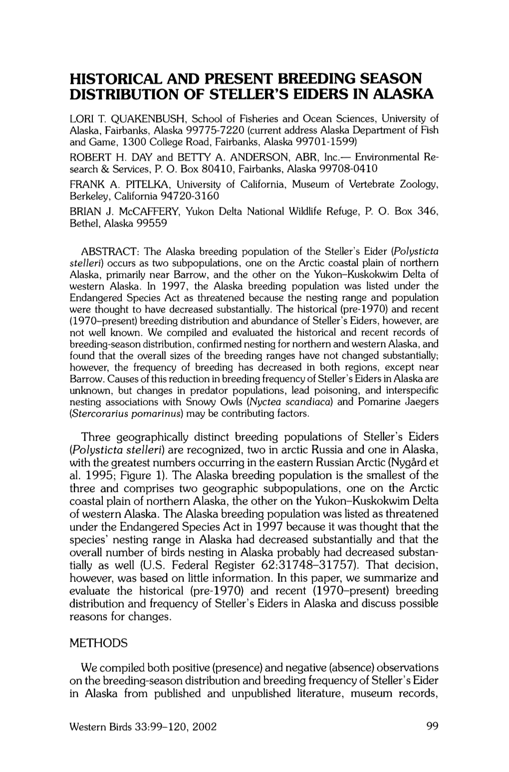 Historical and Present Breeding Season Distribution of Steller's Elders in Alaska