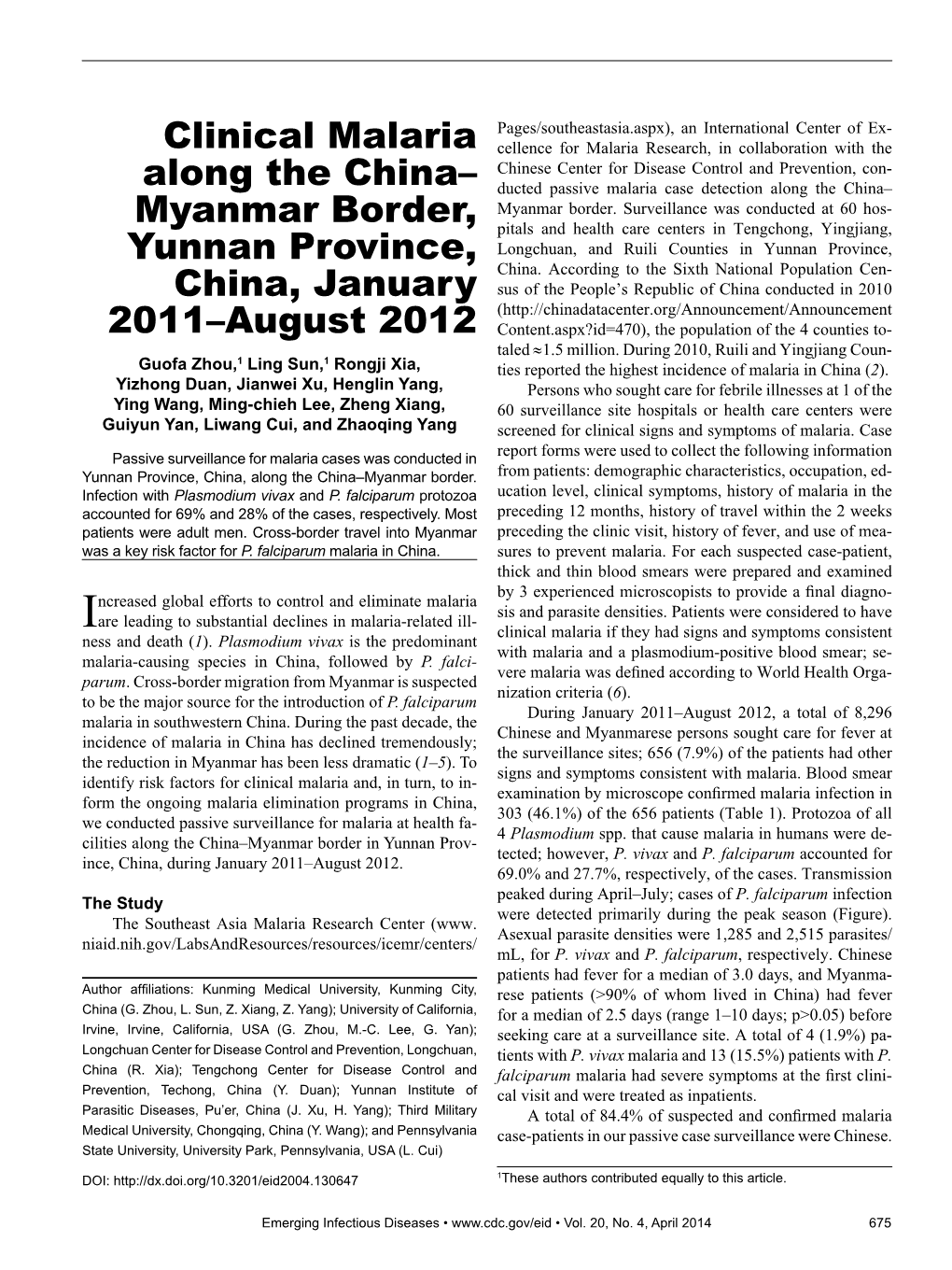 Clinical Malaria Along the China– Myanmar Border, Yunnan Province