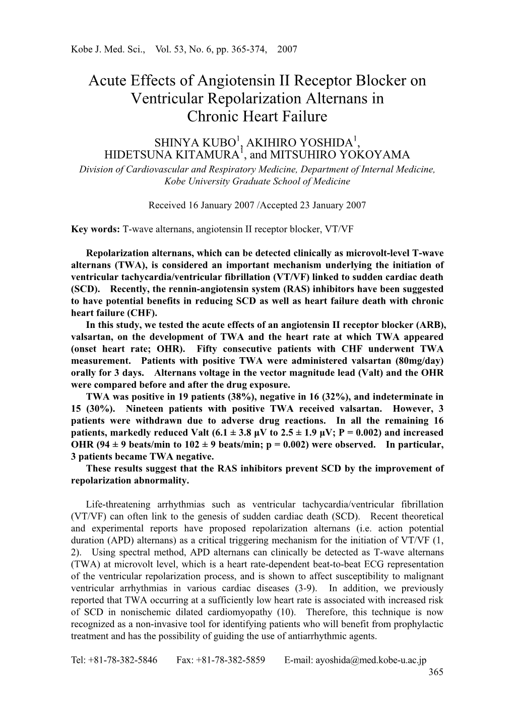 Acute Effects of Angiotensin II Receptor Blocker on Ventricular Repolarization Alternans in Chronic Heart Failure