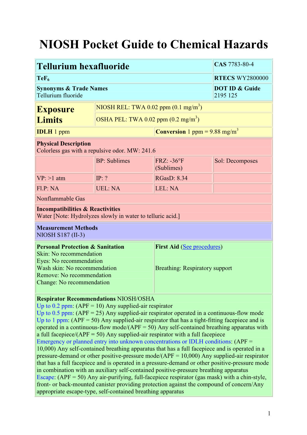 NIOSH Pocket Guide to Chemical Hazards