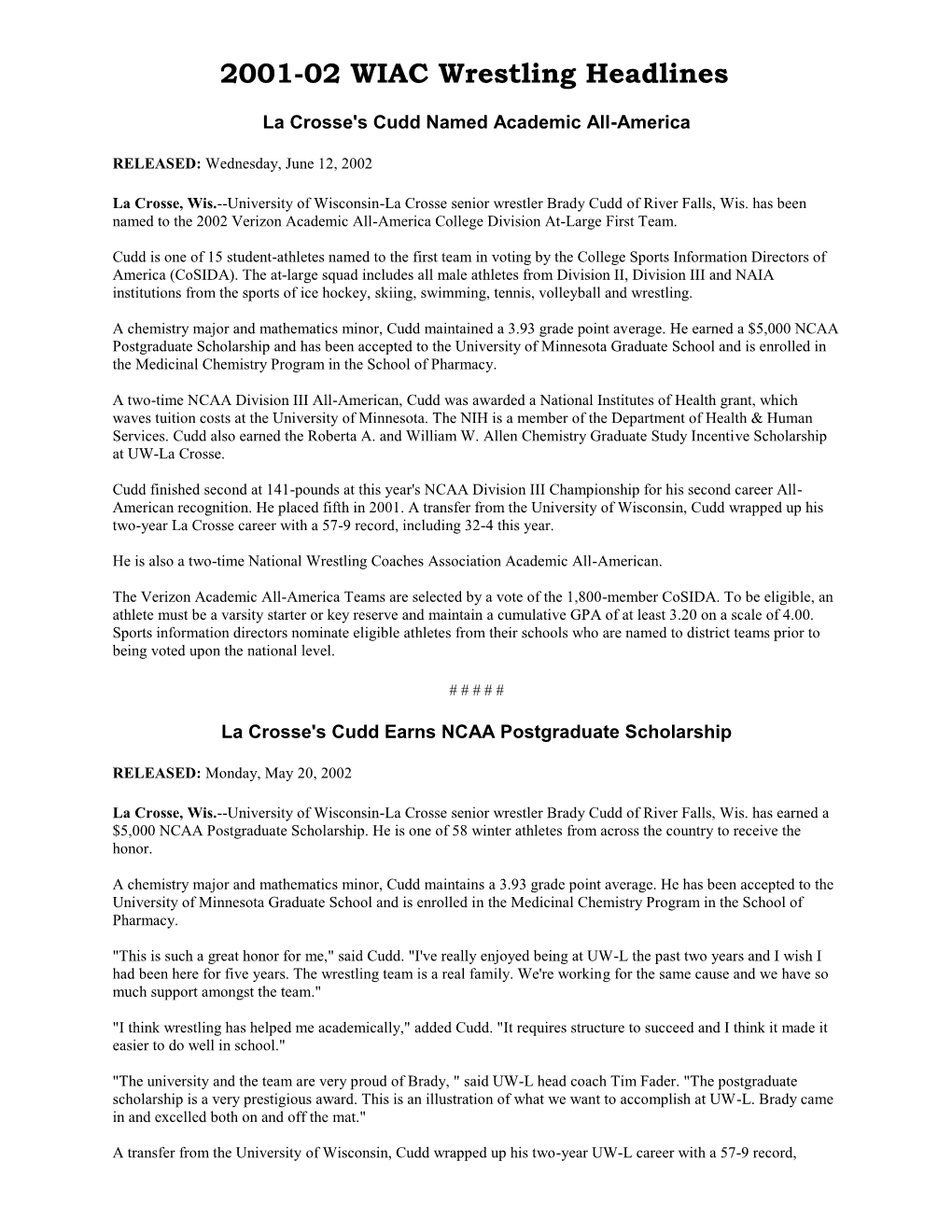 2001-02 WIAC Wrestling Headlines