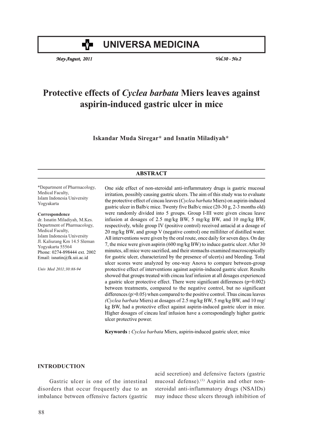 Protective Effects of Cyclea Barbata Miers Leaves Against Aspirin-Induced Gastric Ulcer in Mice