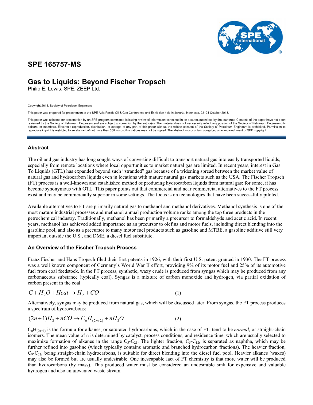 SPE 165757-MS Gas to Liquids: Beyond Fischer Tropsch