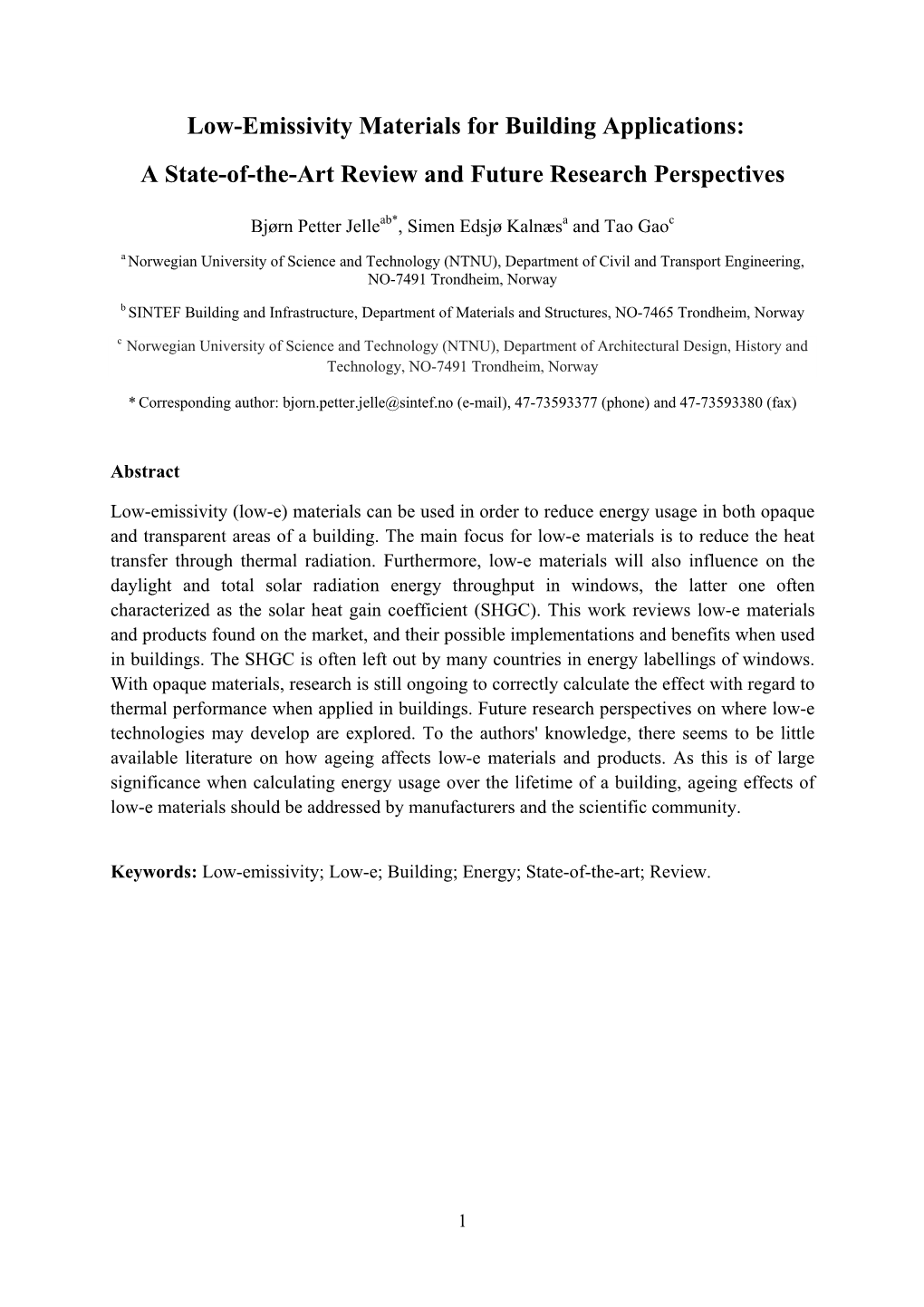 Low-Emissivity Materials for Building Applications: a State-Of-The-Art Review and Future Research Perspectives