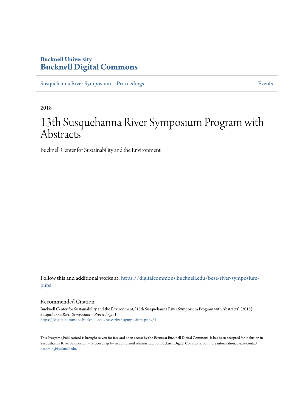 13Th Susquehanna River Symposium Program with Abstracts Bucknell Center for Sustainability and the Environment