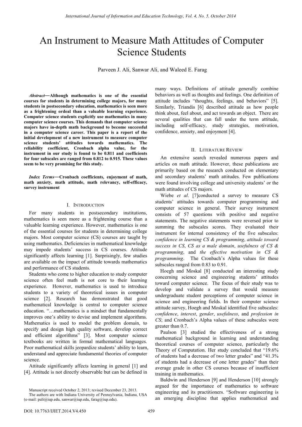 An Instrument to Measure Math Attitudes of Computer Science Students