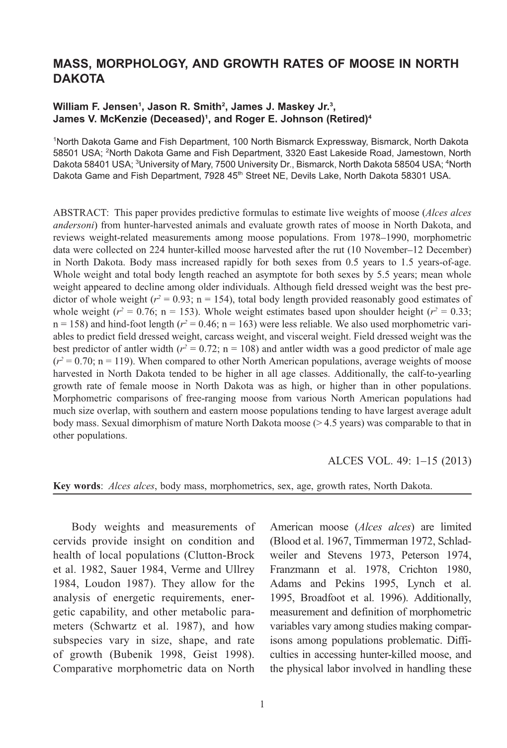 Mass, Morphology, and Growth Rates of Moose in North Dakota