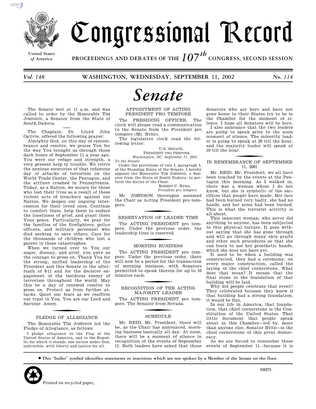 Congressional Record United States Th of America PROCEEDINGS and DEBATES of the 107 CONGRESS, SECOND SESSION